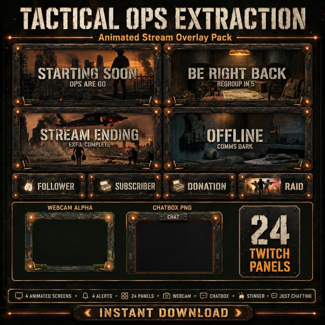 Tactical Military Stream Overlay Pack | Animated FPS War Twitch YouTube Kick Screens Alerts Panels