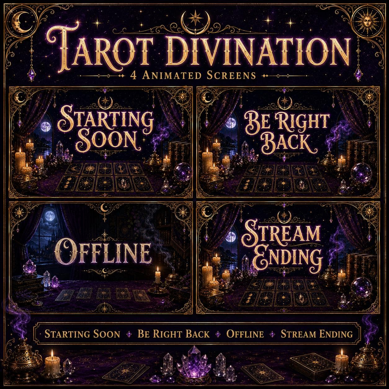 Tarot Twitch Overlay Pack | Mystical Card Reading Animated Stream Screens Alerts Panels preview 2