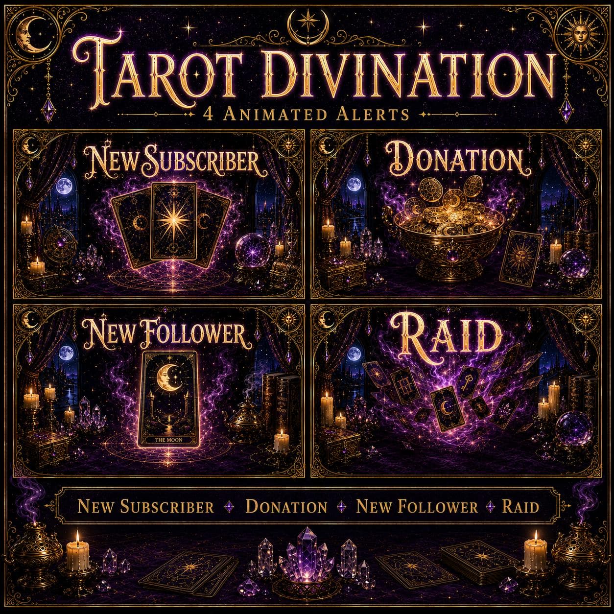 Tarot Twitch Overlay Pack | Mystical Card Reading Animated Stream Screens Alerts Panels preview 3