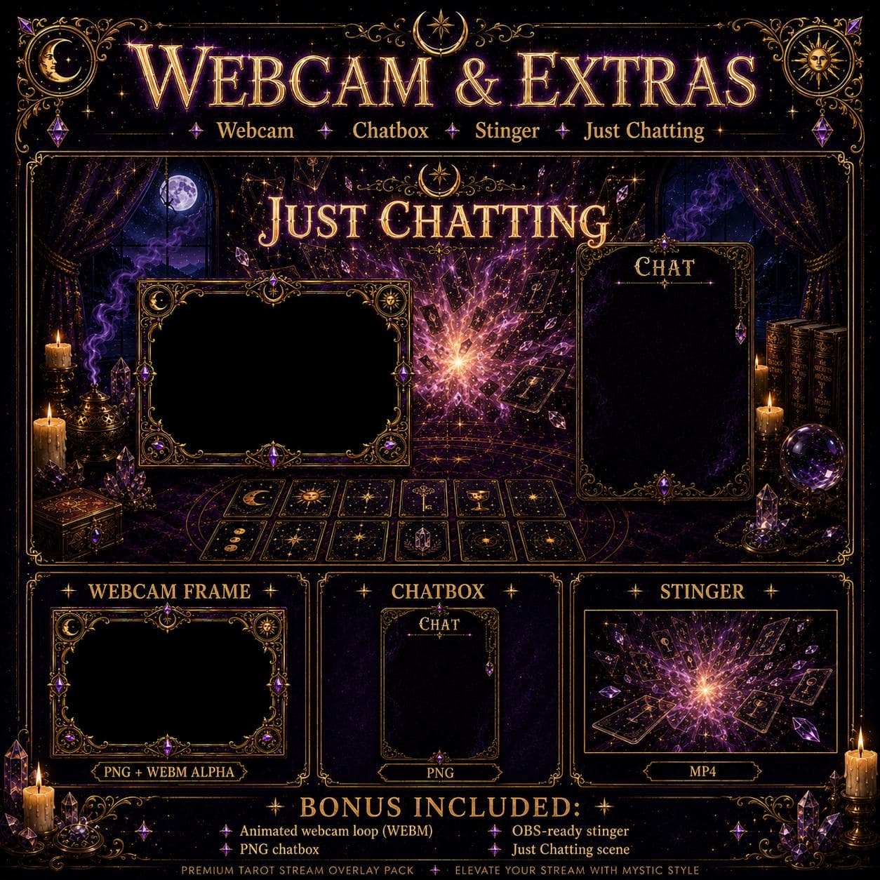 Tarot Twitch Overlay Pack | Mystical Card Reading Animated Stream Screens Alerts Panels preview 4
