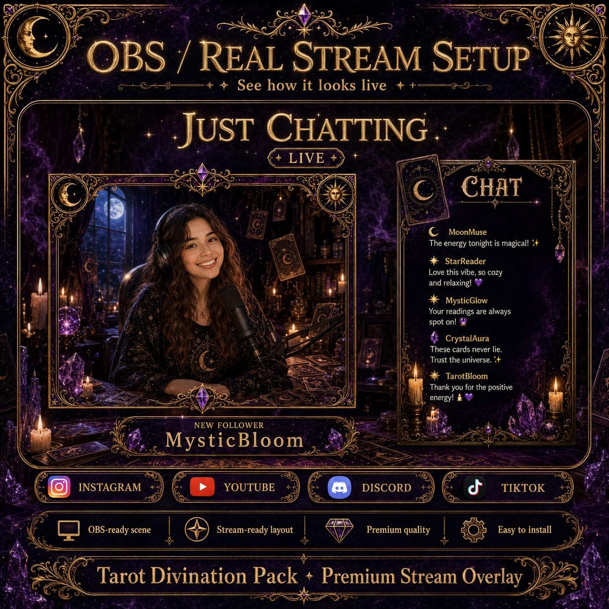 Tarot Twitch Overlay Pack | Mystical Card Reading Animated Stream Screens Alerts Panels preview 6