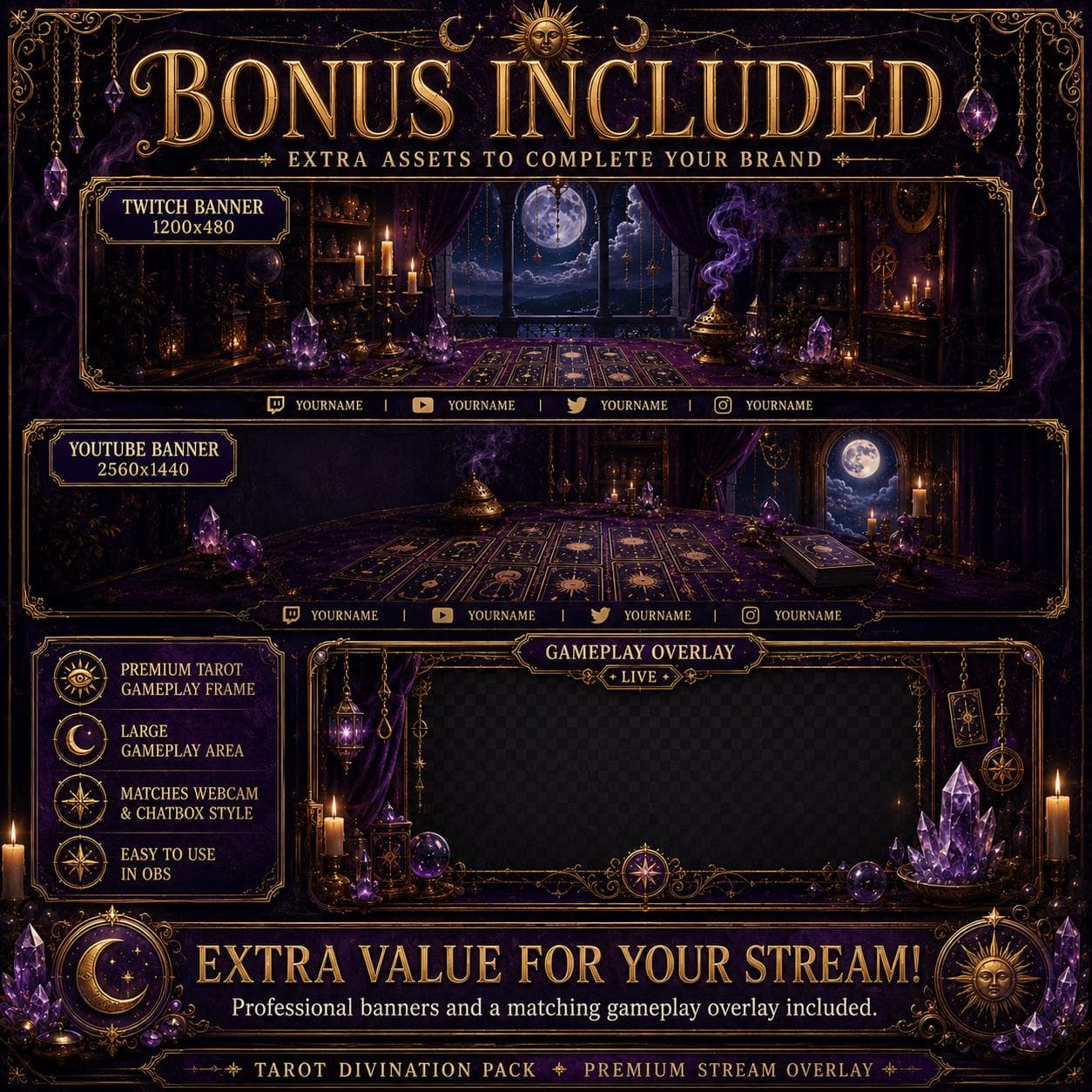 Tarot Twitch Overlay Pack | Mystical Card Reading Animated Stream Screens Alerts Panels preview 7