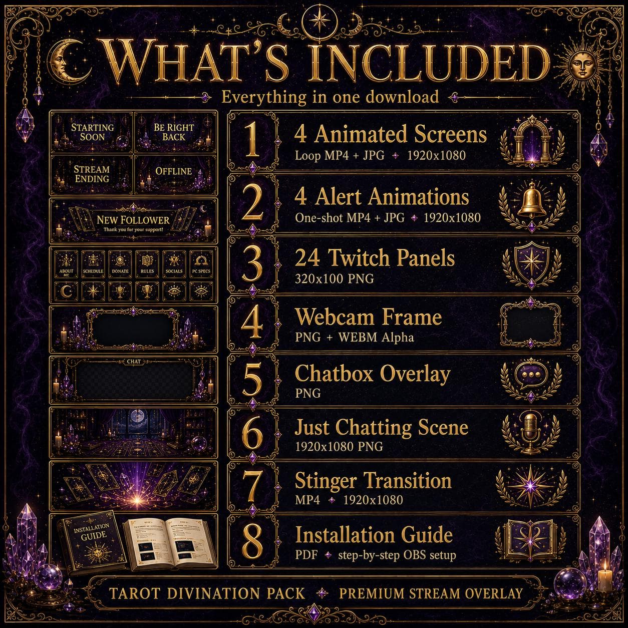 Tarot Twitch Overlay Pack | Mystical Card Reading Animated Stream Screens Alerts Panels preview 8