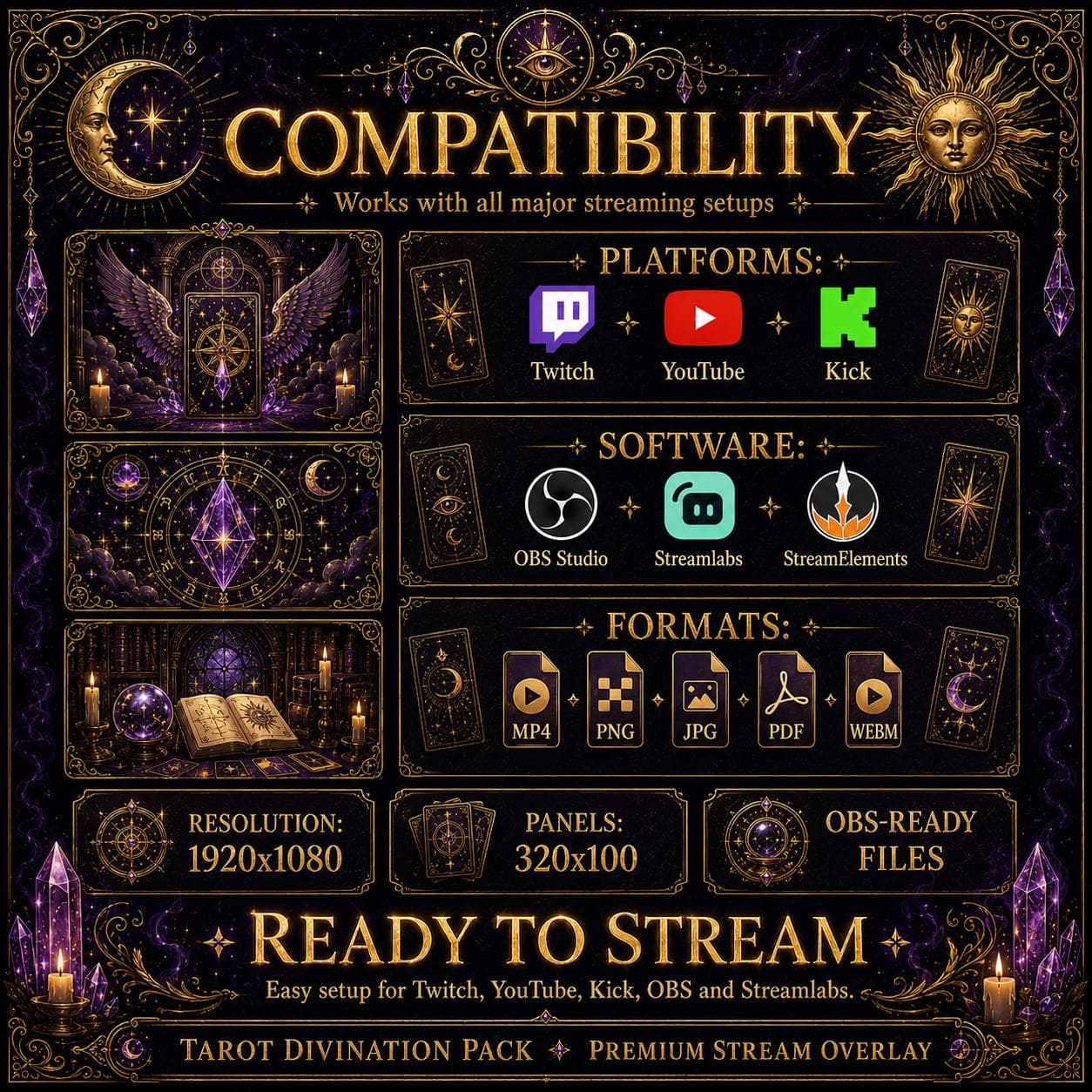 Tarot Twitch Overlay Pack | Mystical Card Reading Animated Stream Screens Alerts Panels preview 9