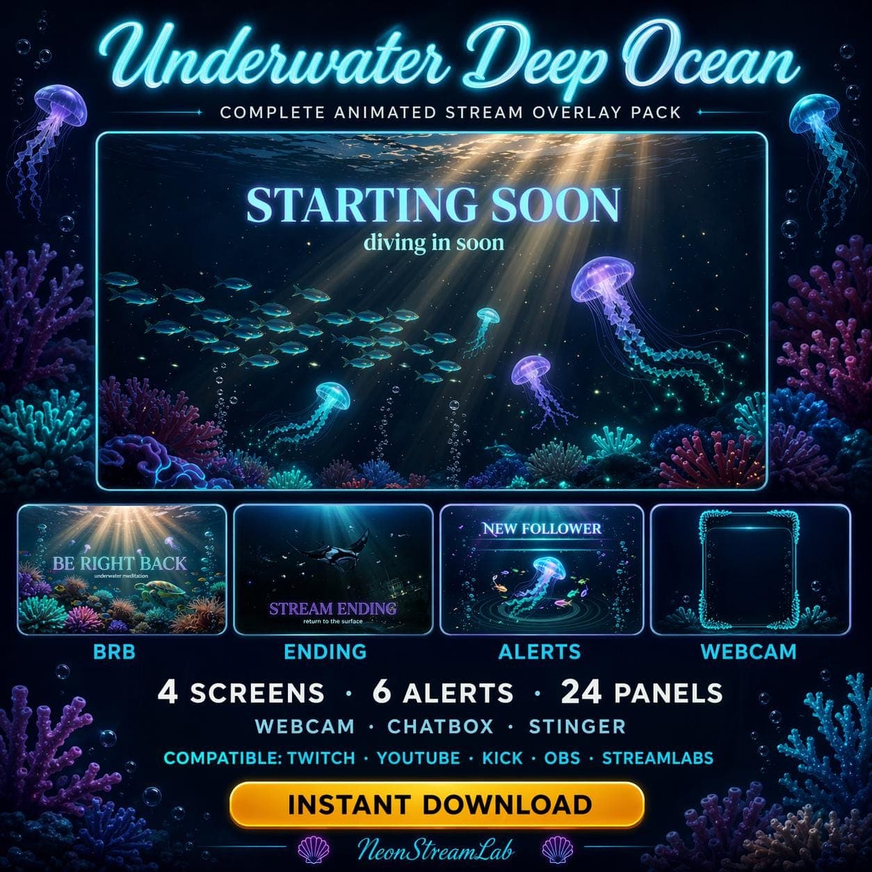 Underwater Deep Ocean Stream Overlay Pack | Animated Aquatic Twitch YouTube Kick Screens Alerts Panels