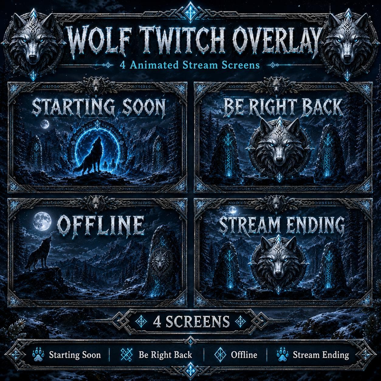 Wolf Twitch Overlay Pack | Dark Nordic Forest Stream Screens Alerts Panels Youtube Kick preview 2