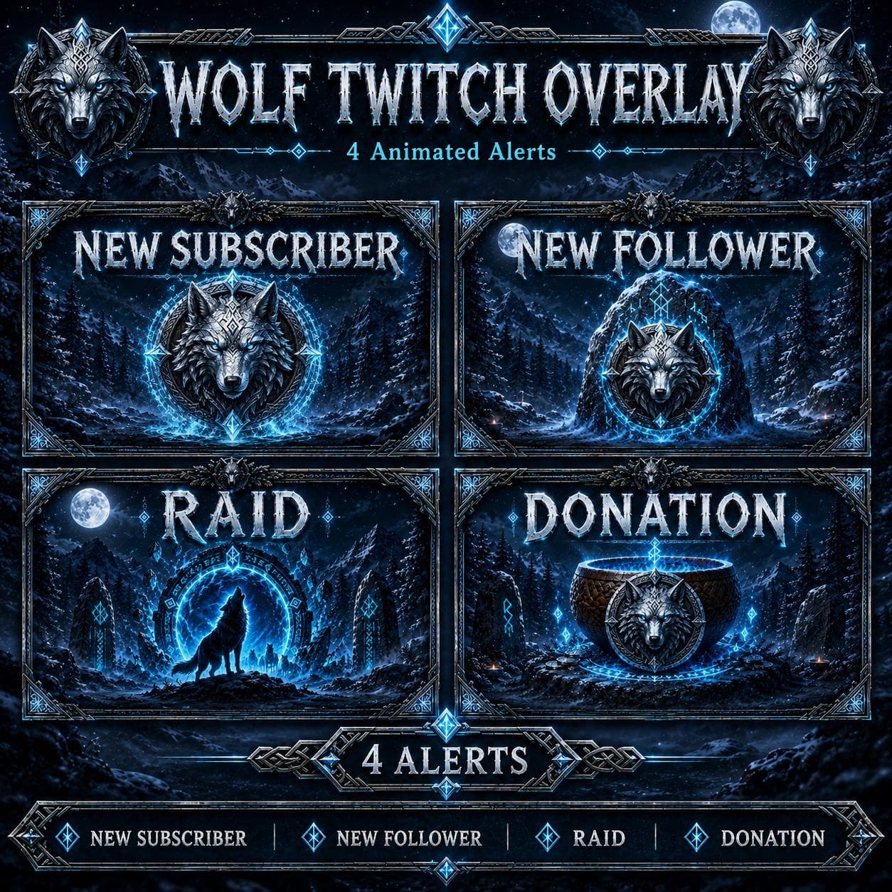 Wolf Twitch Overlay Pack | Dark Nordic Forest Stream Screens Alerts Panels Youtube Kick preview 3