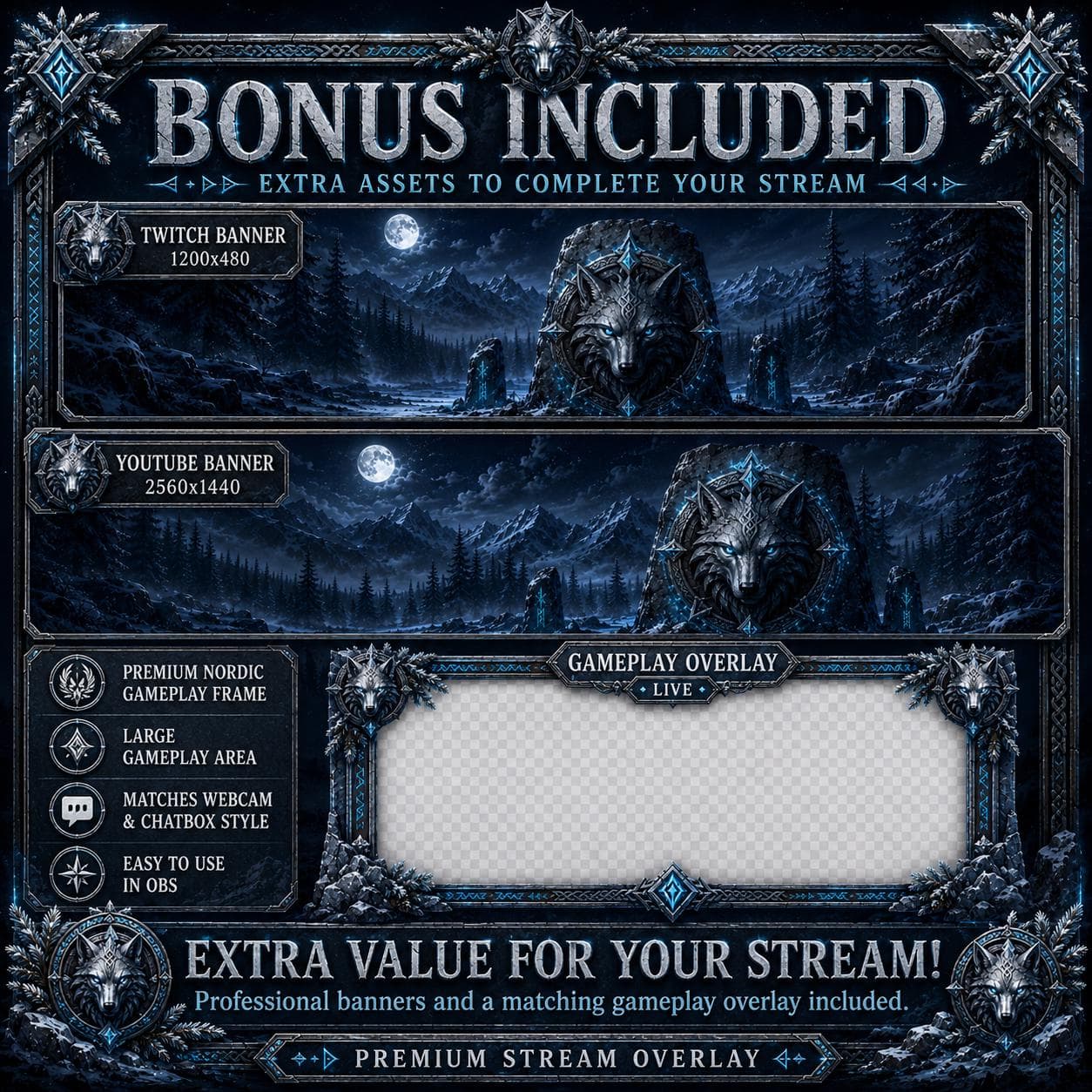 Wolf Twitch Overlay Pack | Dark Nordic Forest Stream Screens Alerts Panels Youtube Kick preview 6