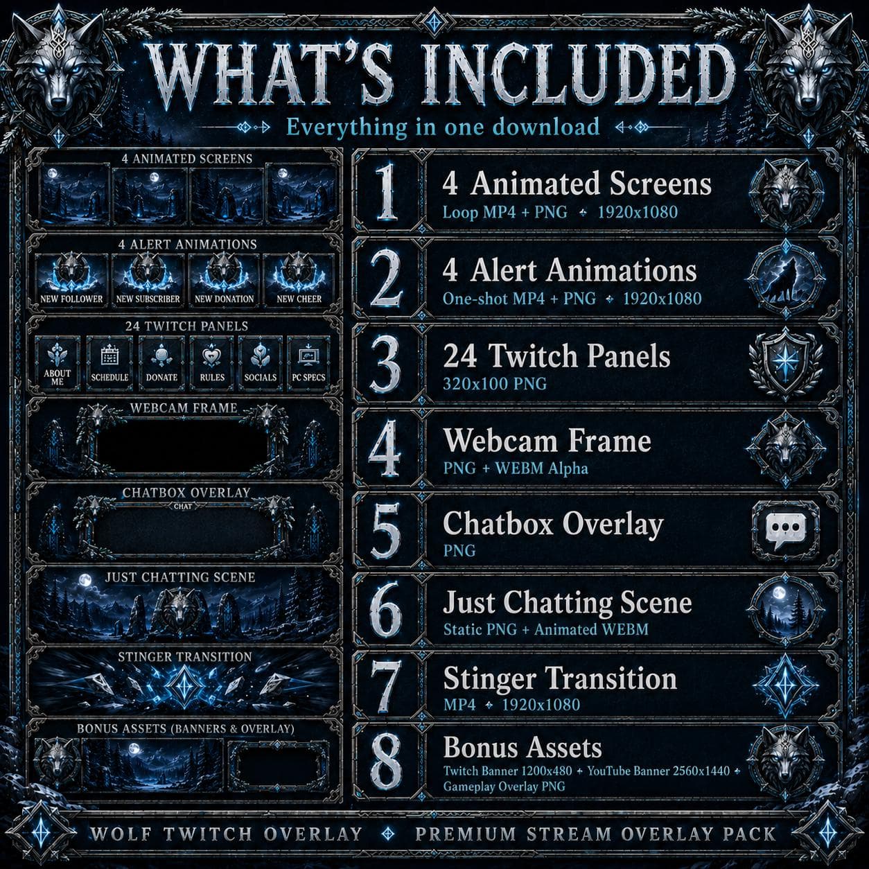 Wolf Twitch Overlay Pack | Dark Nordic Forest Stream Screens Alerts Panels Youtube Kick preview 8