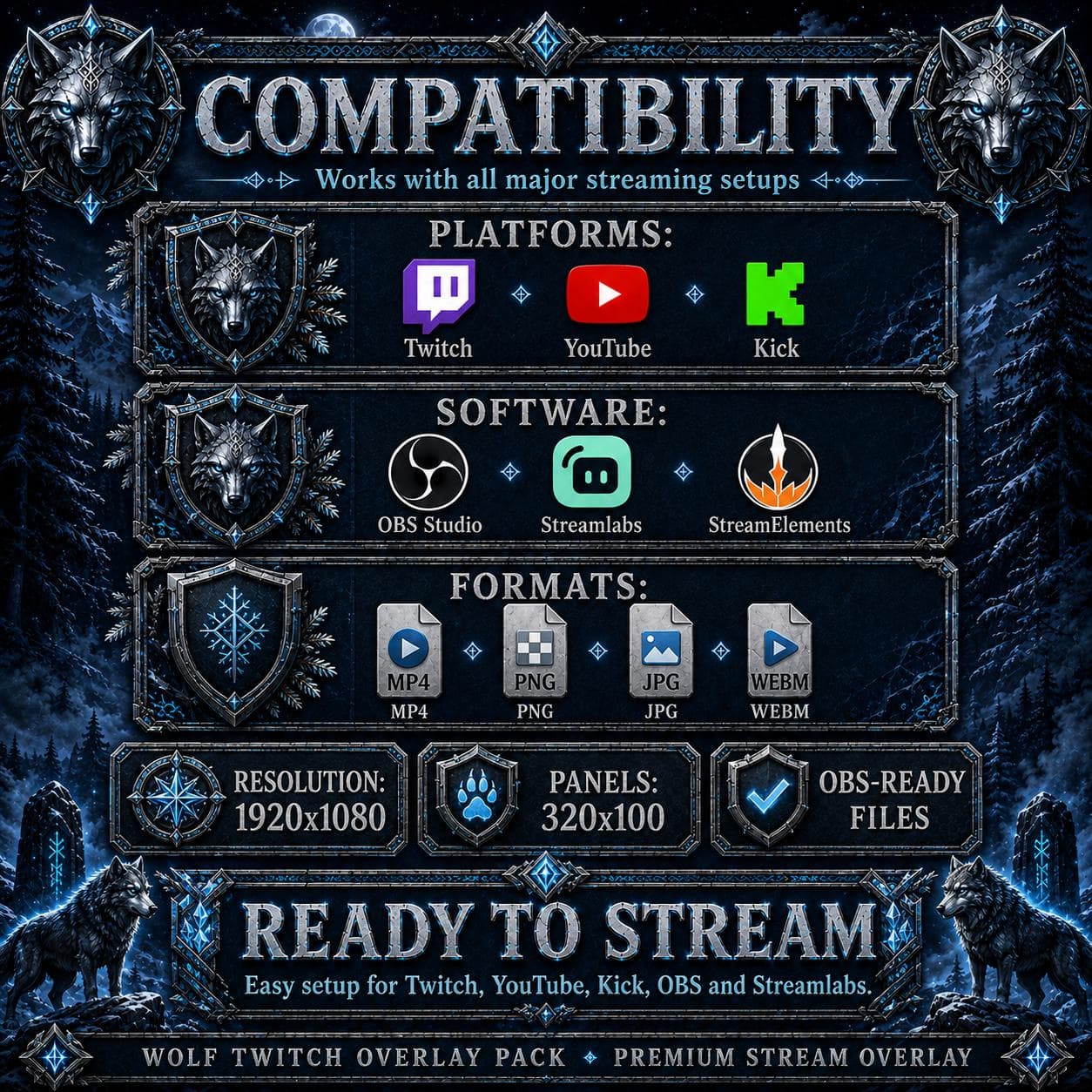 Wolf Twitch Overlay Pack | Dark Nordic Forest Stream Screens Alerts Panels Youtube Kick preview 9