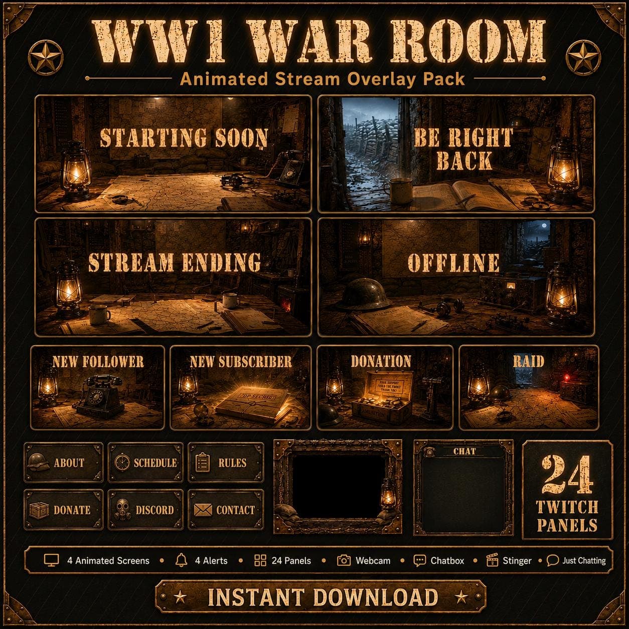 WW1 War Room Twitch Overlay Pack Animated Military Vintage Screens Alerts Panels Webcam Frame