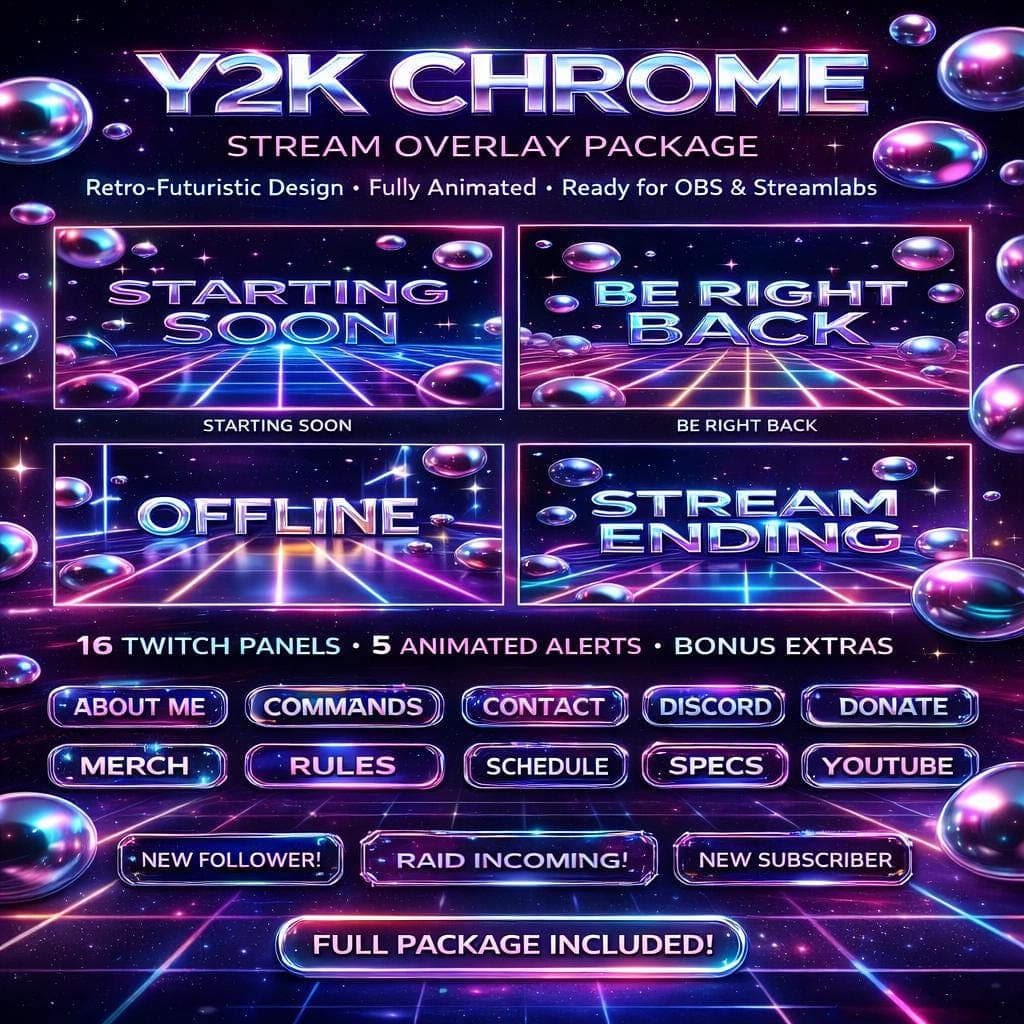 Y2K Chrome Stream Overlay Pack | Animated Holographic Retro Twitch YouTube Kick Screens Alerts Panels