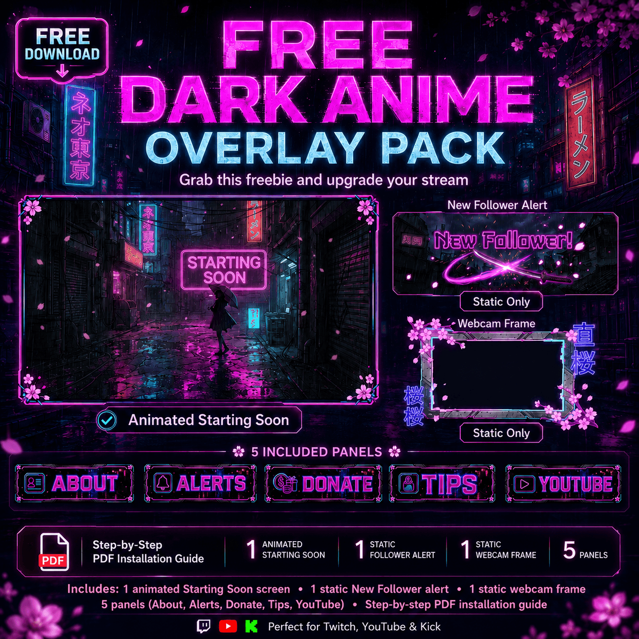 Free Dark Anime Twitch Overlay — Animated Starting Soon, Webcam & Panels