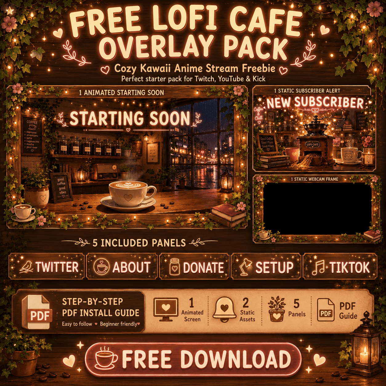 Free Lofi Cozy Twitch Overlay - Animated Kawaii Screen, Webcam & Panels