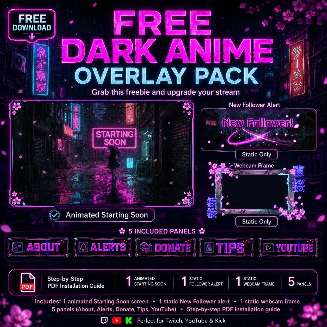 Free Dark Anime Twitch Overlay — Animated Starting Soon, Webcam & Panels