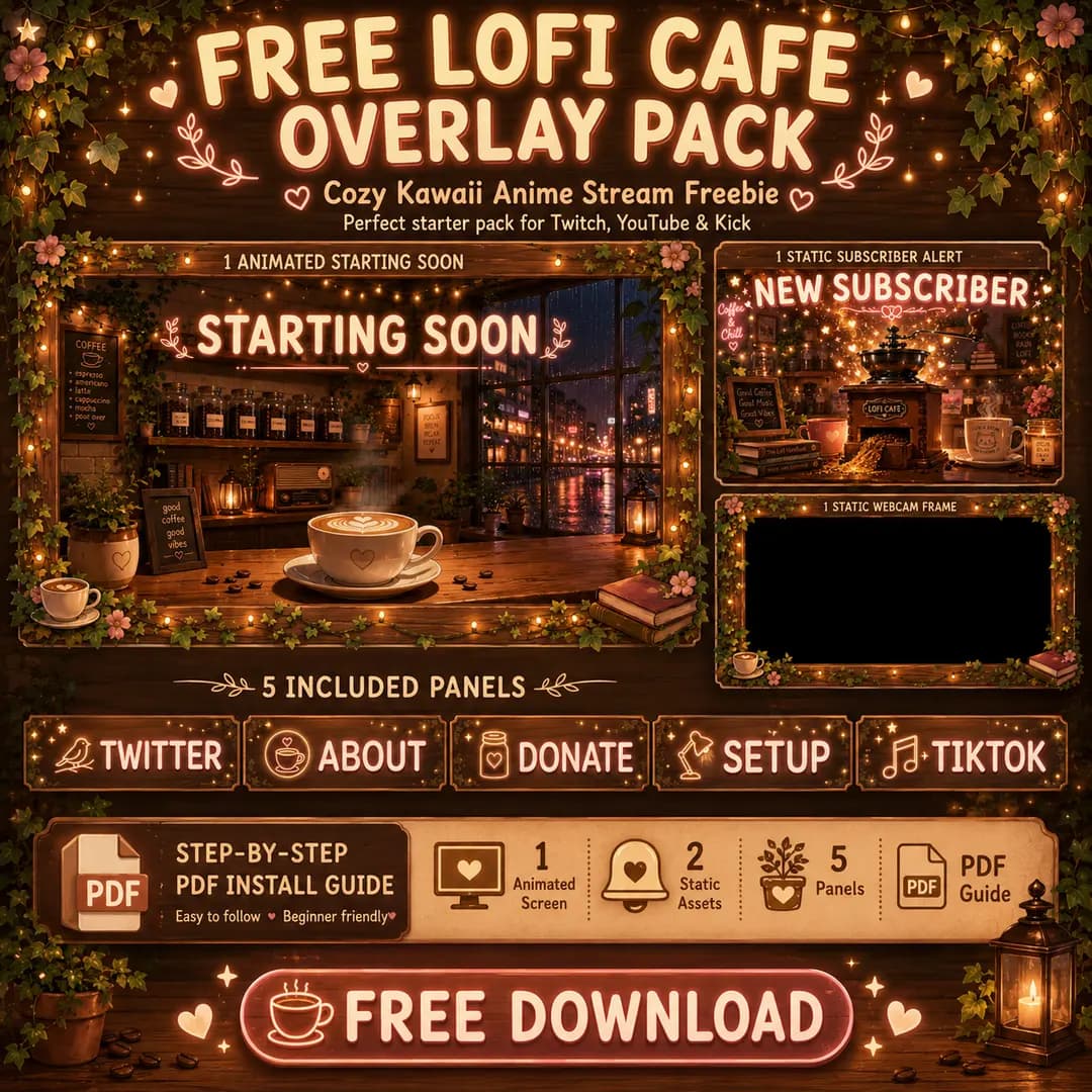 Free Lofi Cozy Twitch Overlay - Animated Kawaii Screen, Webcam & Panels