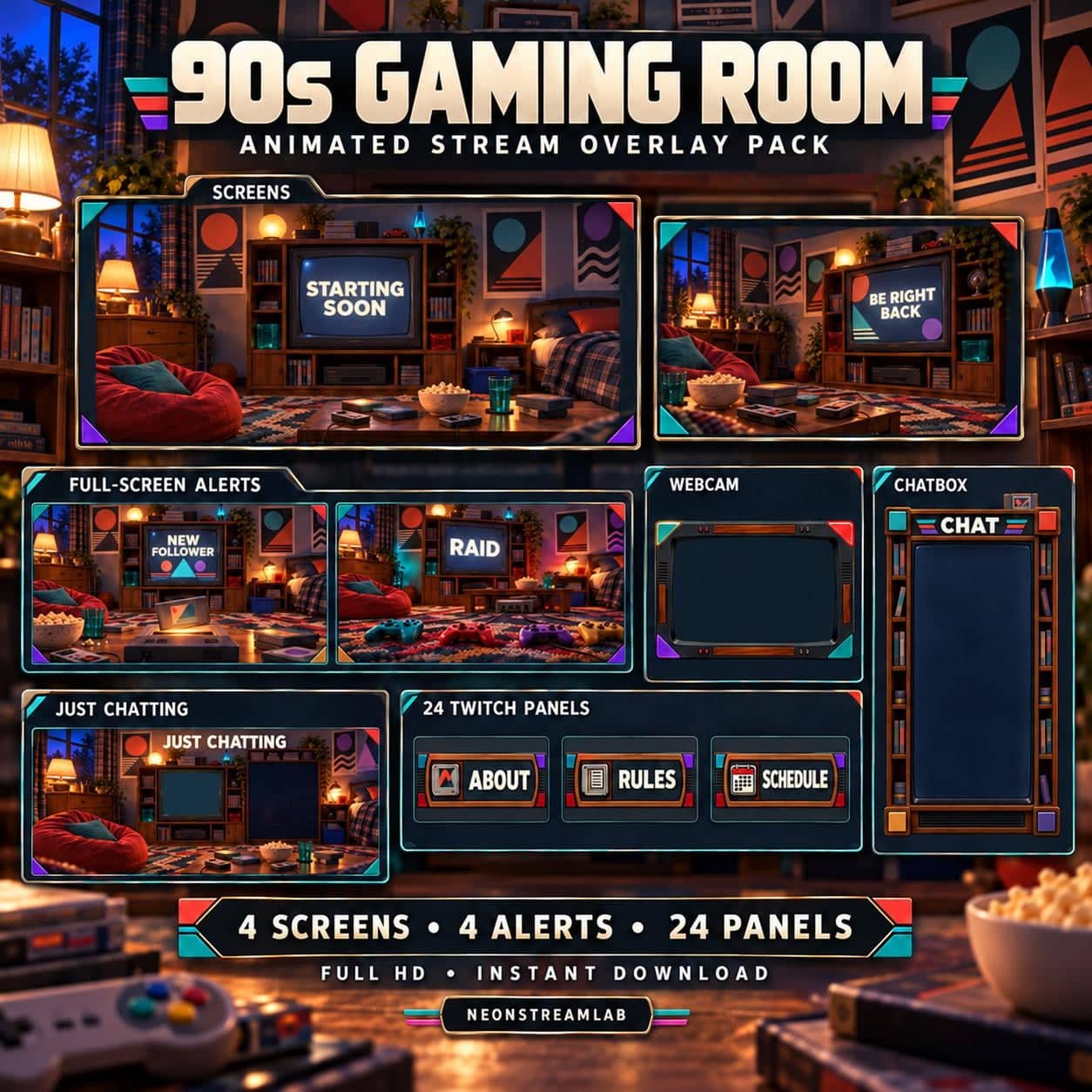 90s Gaming Room Animated Twitch Overlay Pack