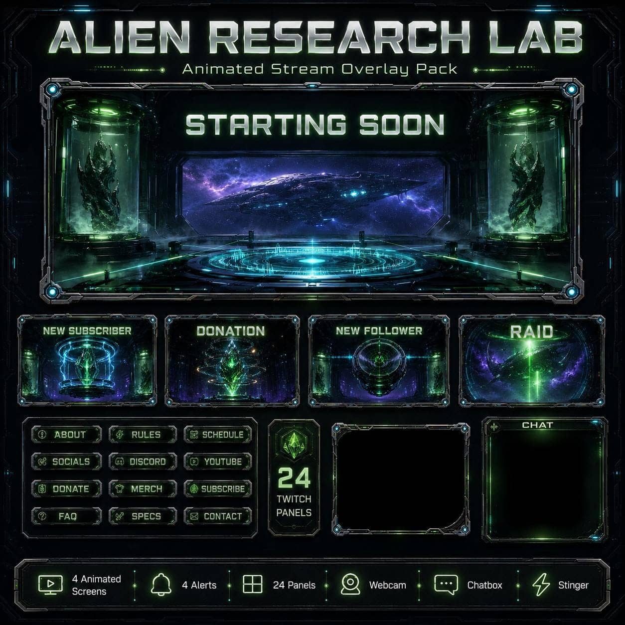 Alien Twitch Overlay Pack | Animated Sci Fi Research Lab Screens Alerts Webcam Panels