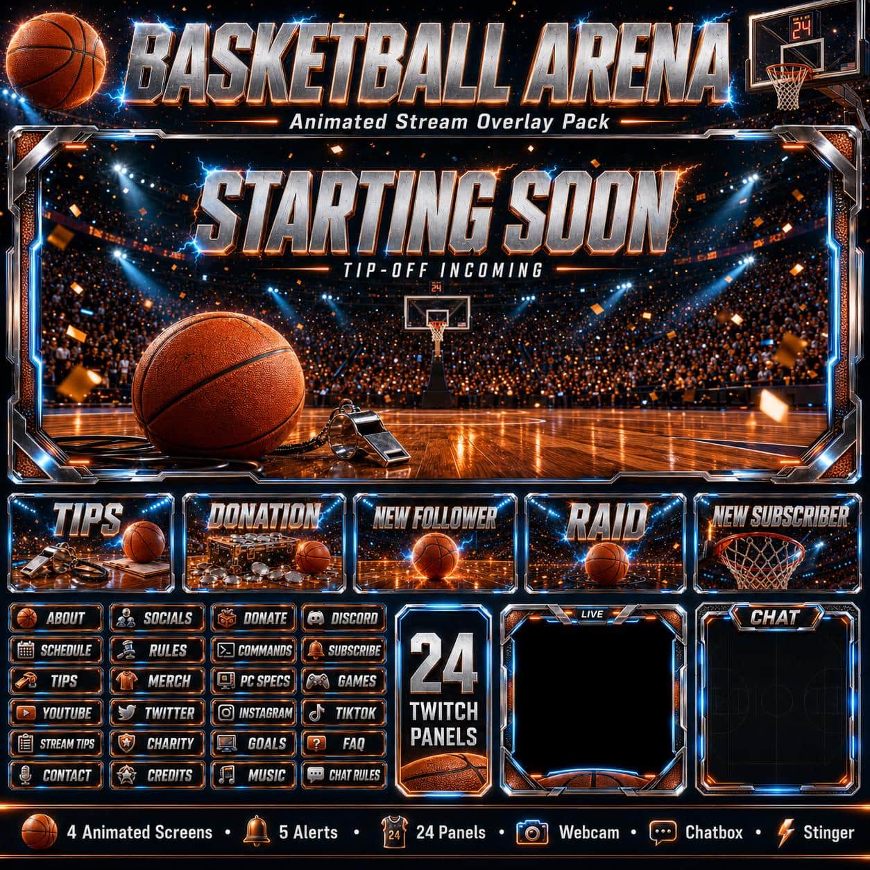 Basketball Overlay Pack | Animated Sports Stream Twitch YouTube Kick OBS Panels Alerts