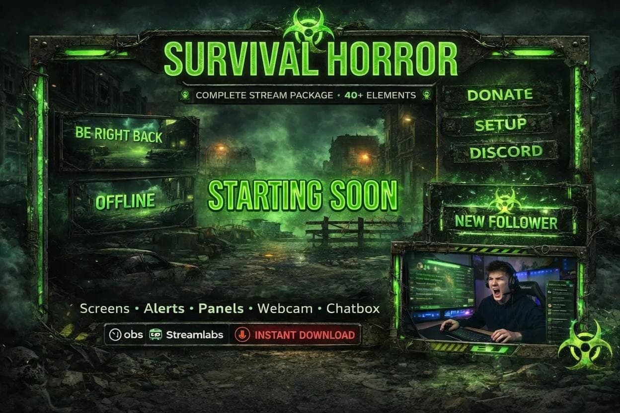 Biohazard Zombie Apocalypse Survival Horror Stream Overlay Pack | Animated Toxic Green Twitch YouTube Kick