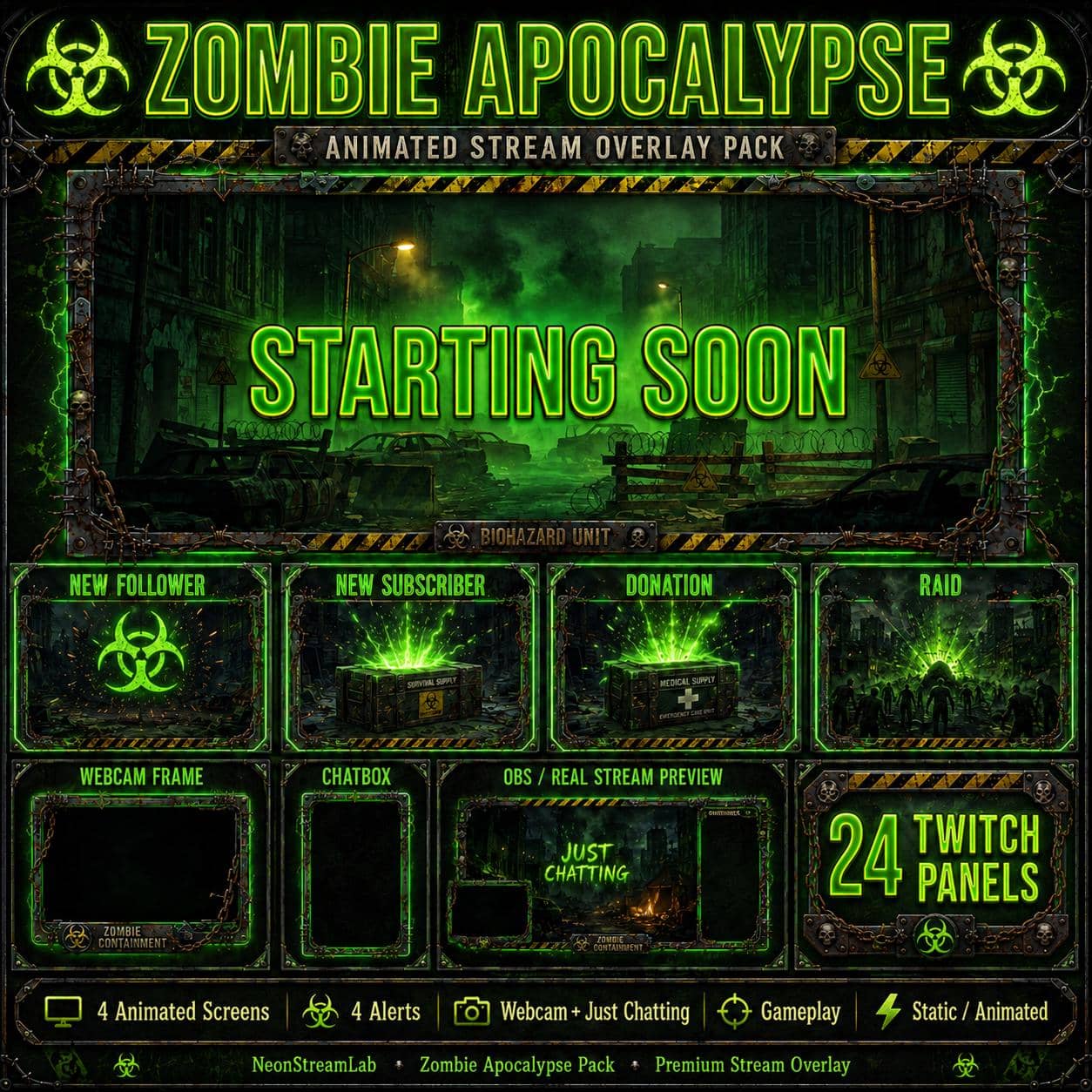Zombie Apocalypse Stream Overlay Pack | Green Twitch Survival Horror Screens Alerts
