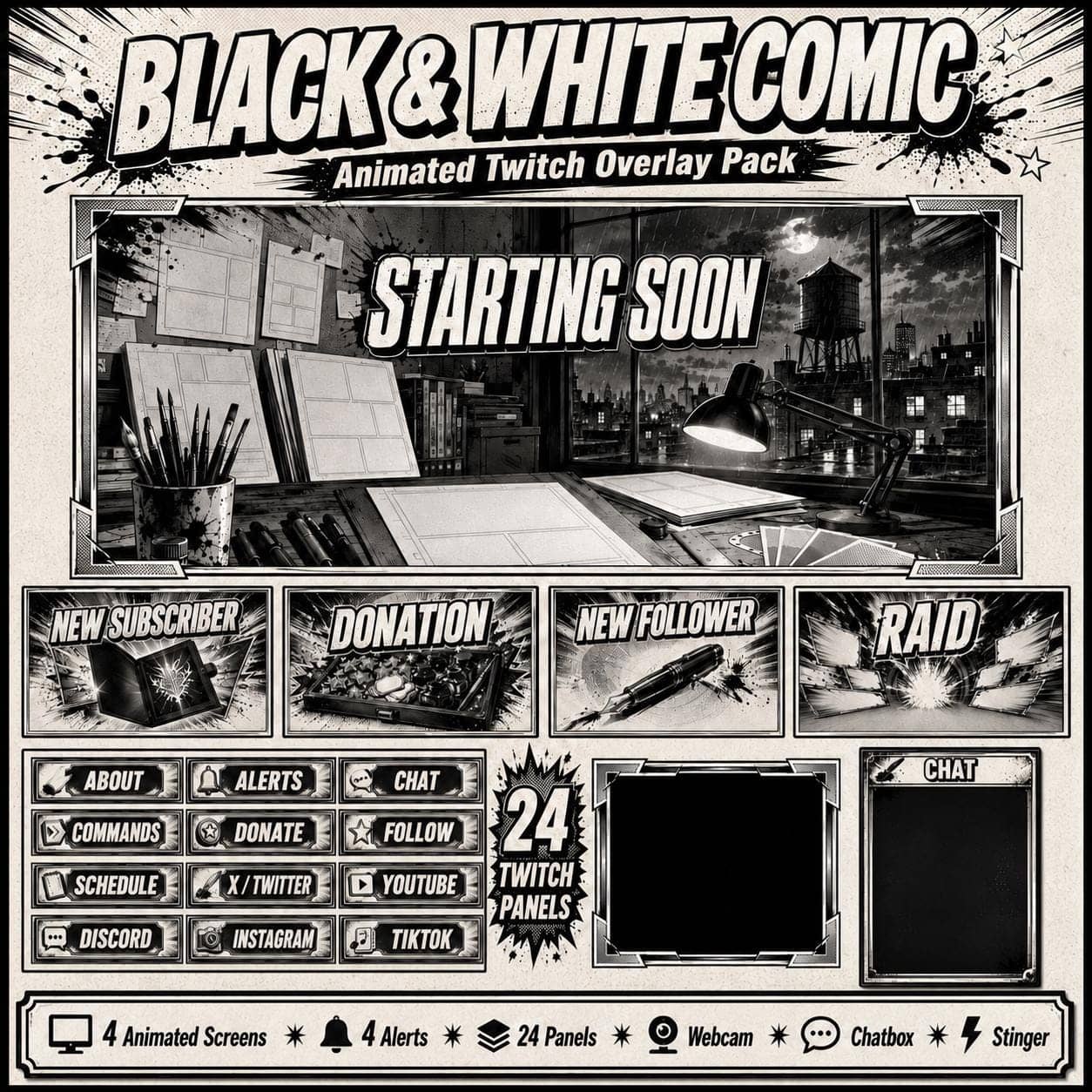 Black and White Twitch Overlay | Comic Book Pack | Animated Manga Stream Screens Alerts