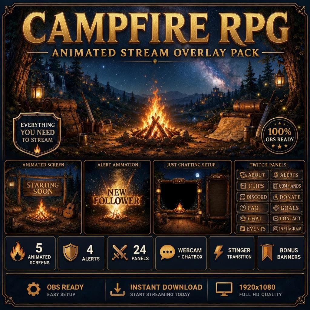 Campfire Cozy Camping Stream Overlay Pack | Animated RPG Fantasy Twitch Screens Alerts Panels