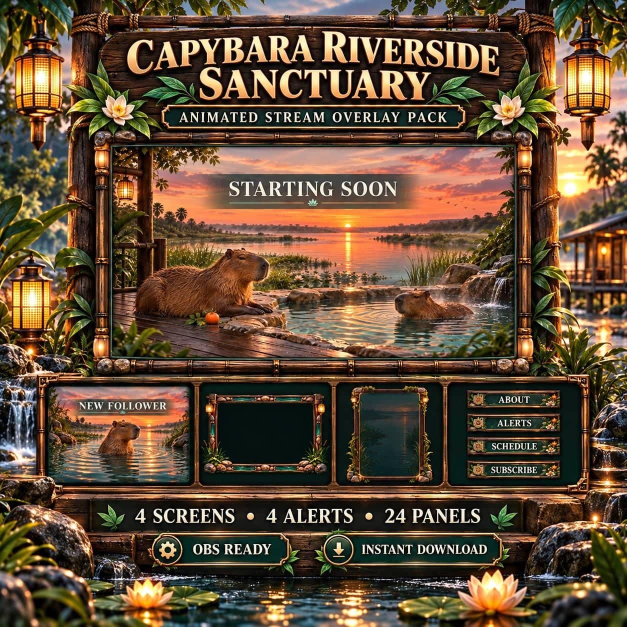 Capybara Riverside Sanctuary Animated Twitch Overlay Pack