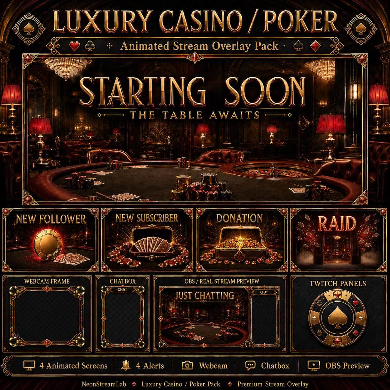 Casino Twitch Overlay Pack | Animated Poker Stream Screens Alerts Panels