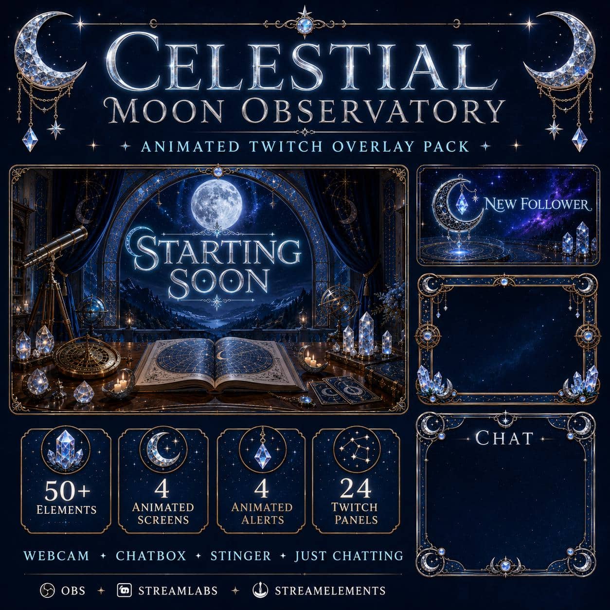 Celestial Twitch Overlay Pack | Moon Observatory Lunar Magic Animated Alerts Panels Webcam