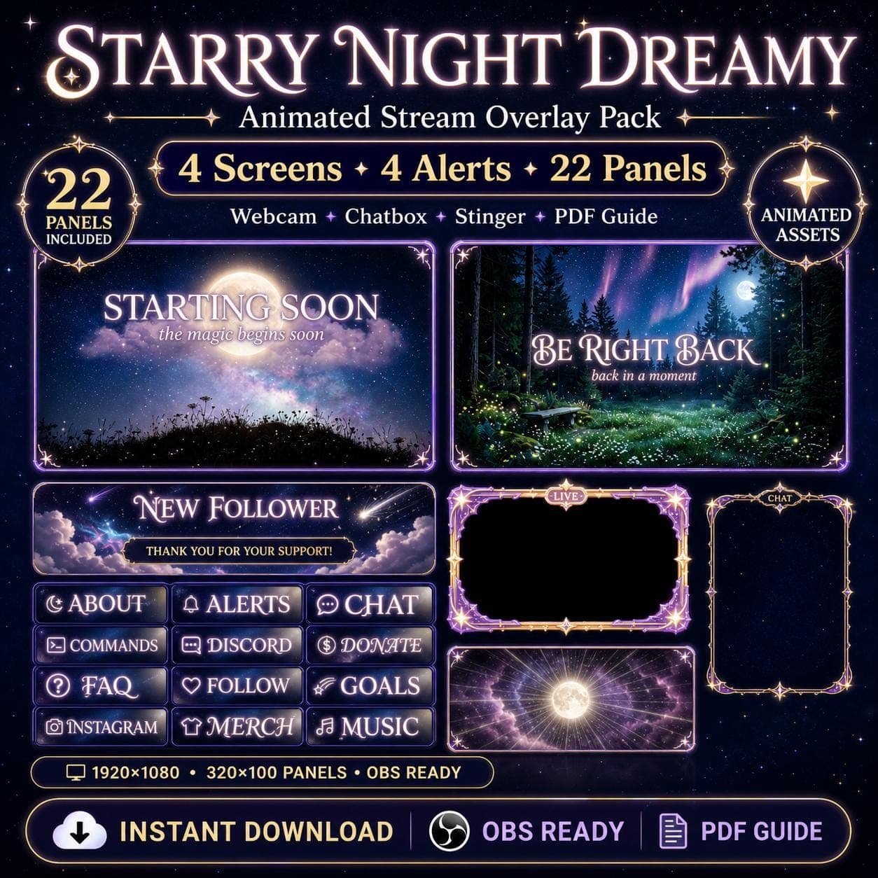 Celestial Starry Night Stream Overlay Pack | Animated Cosmic Dreamy VTuber Twitch Screens Alerts Panels