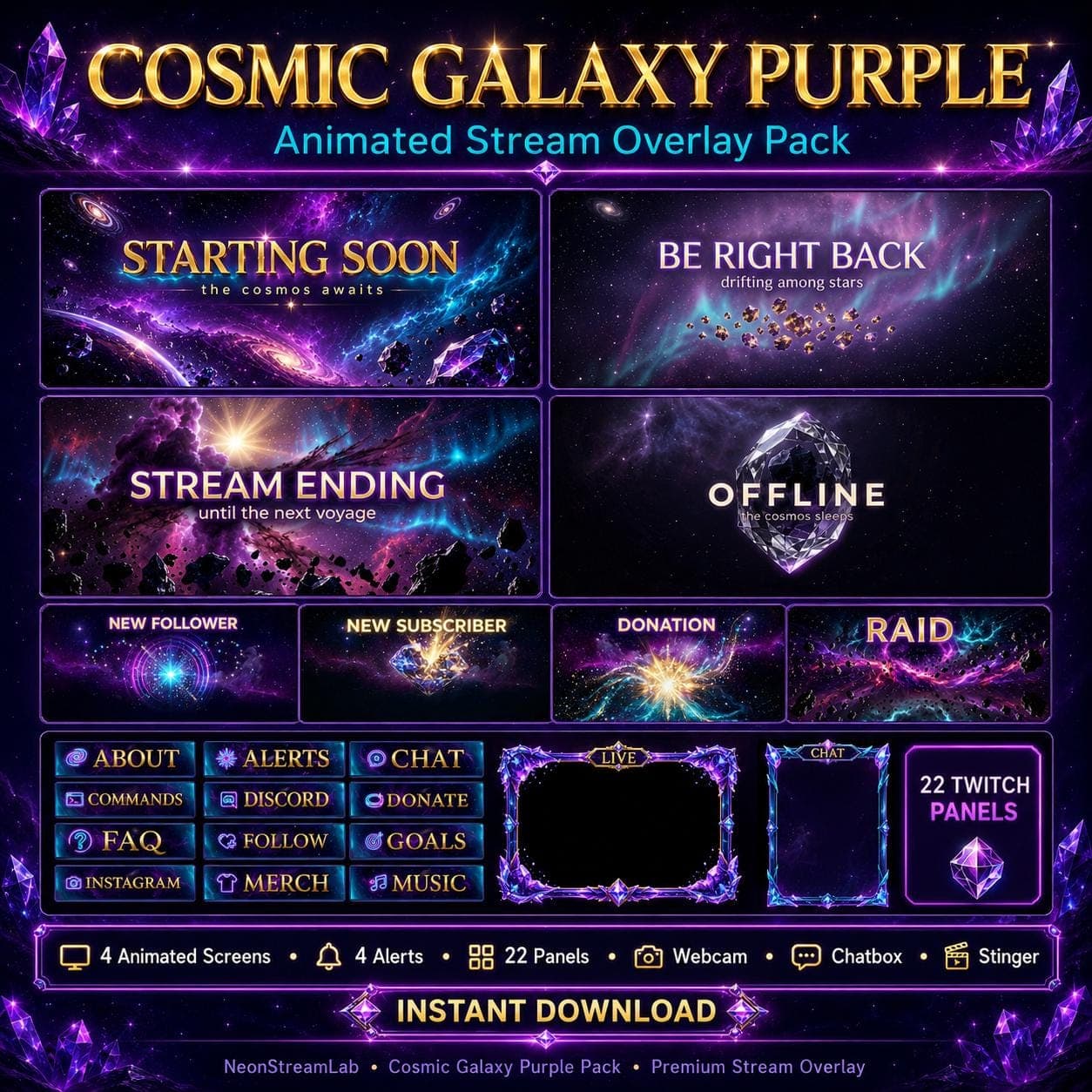 Cosmic Galaxy Purple Stream Overlay Pack Animated Twitch YouTube Kick Alerts Panels Webcam