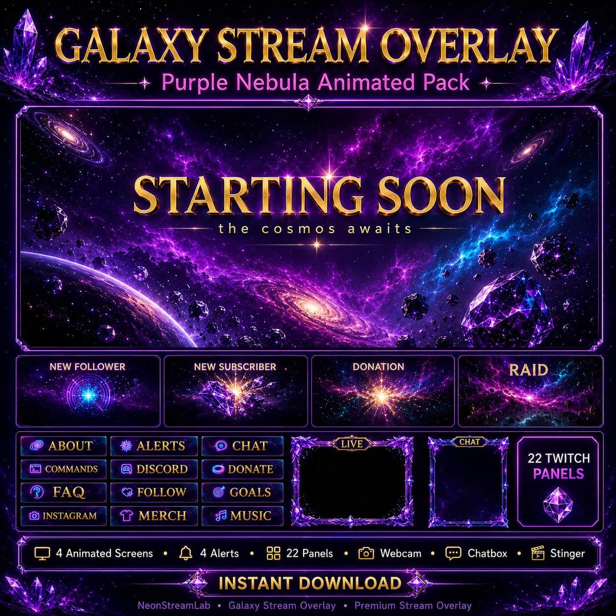 Galaxy Twitch Overlay Pack | Purple Nebula Cosmic Animated Screens, Alerts & Webcam
