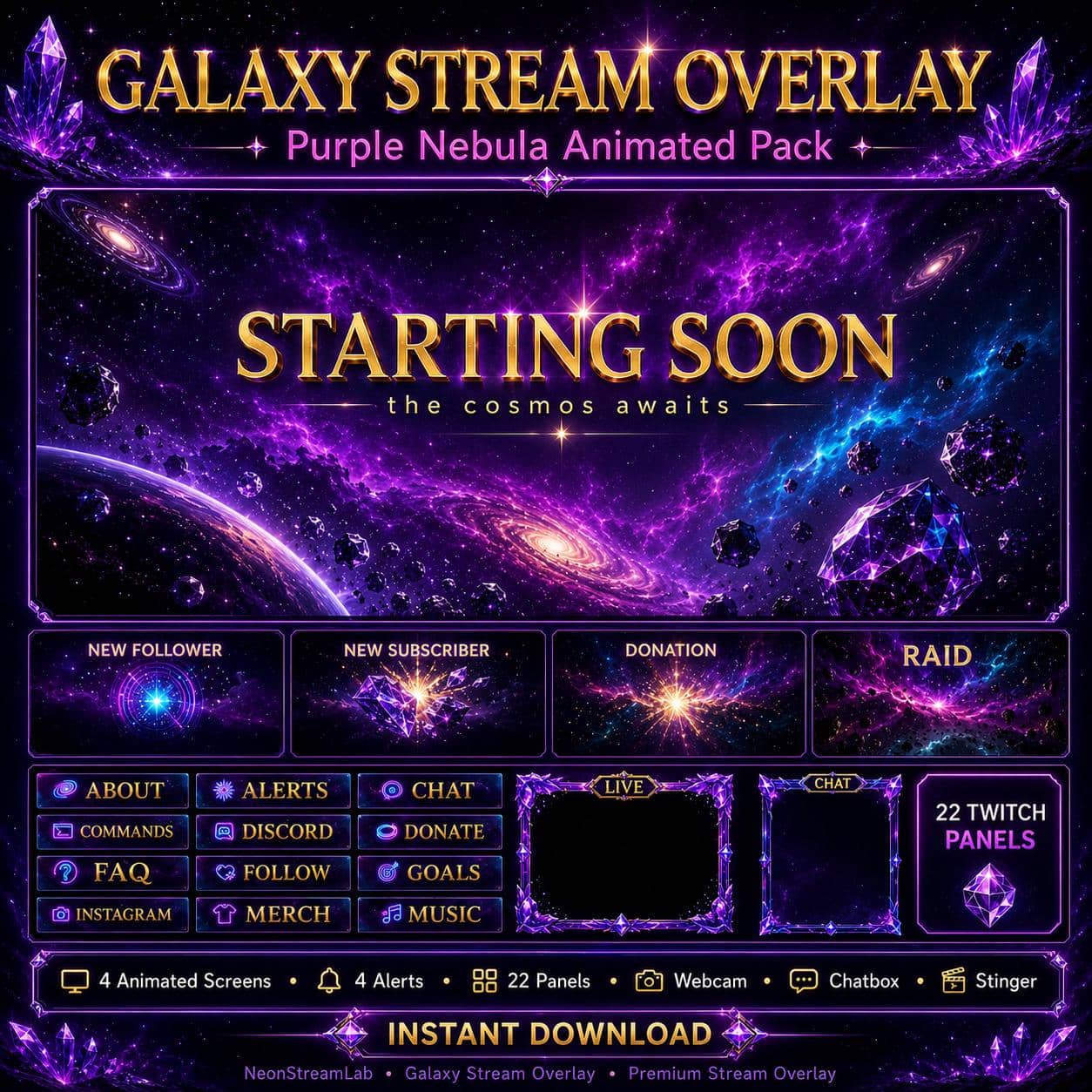 Galaxy Twitch Overlay Pack | Purple Nebula Cosmic Animated Screens, Alerts & Webcam