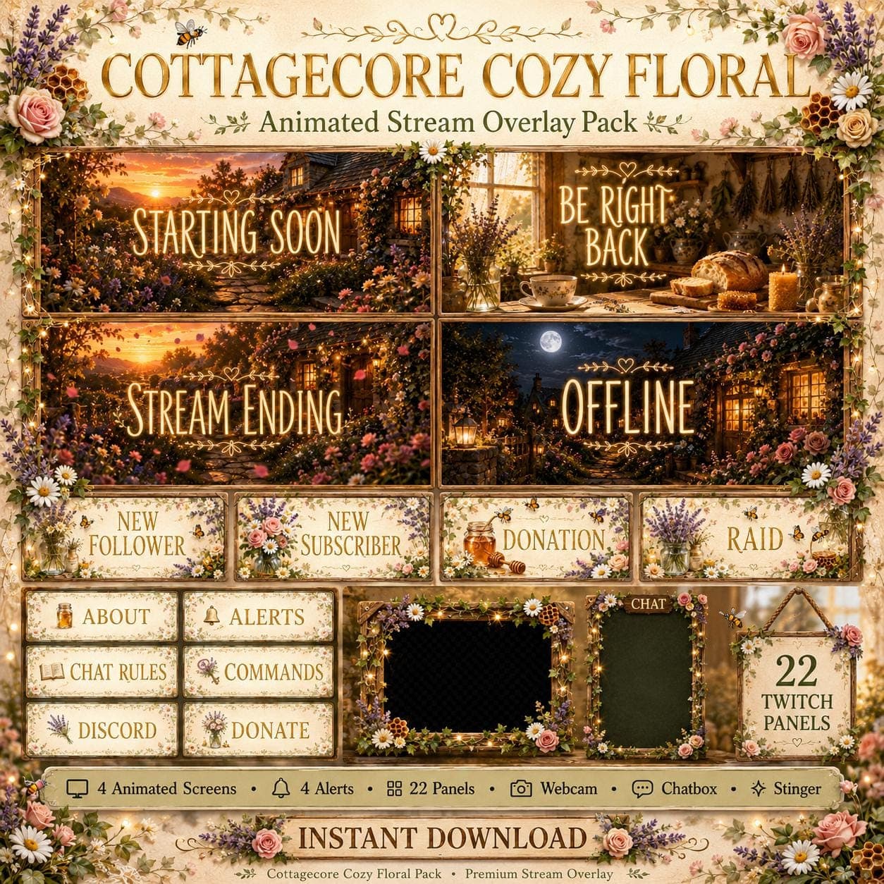 Cottagecore Cozy Floral Stream Overlay Pack Twitch YouTube Kick | Animated Panels Alerts Webcam