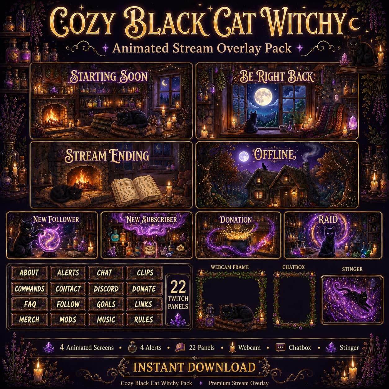 Cat Twitch Overlay Pack | Cozy Black Cat Witchy Cottage Animated Stream Screens Alerts Panels