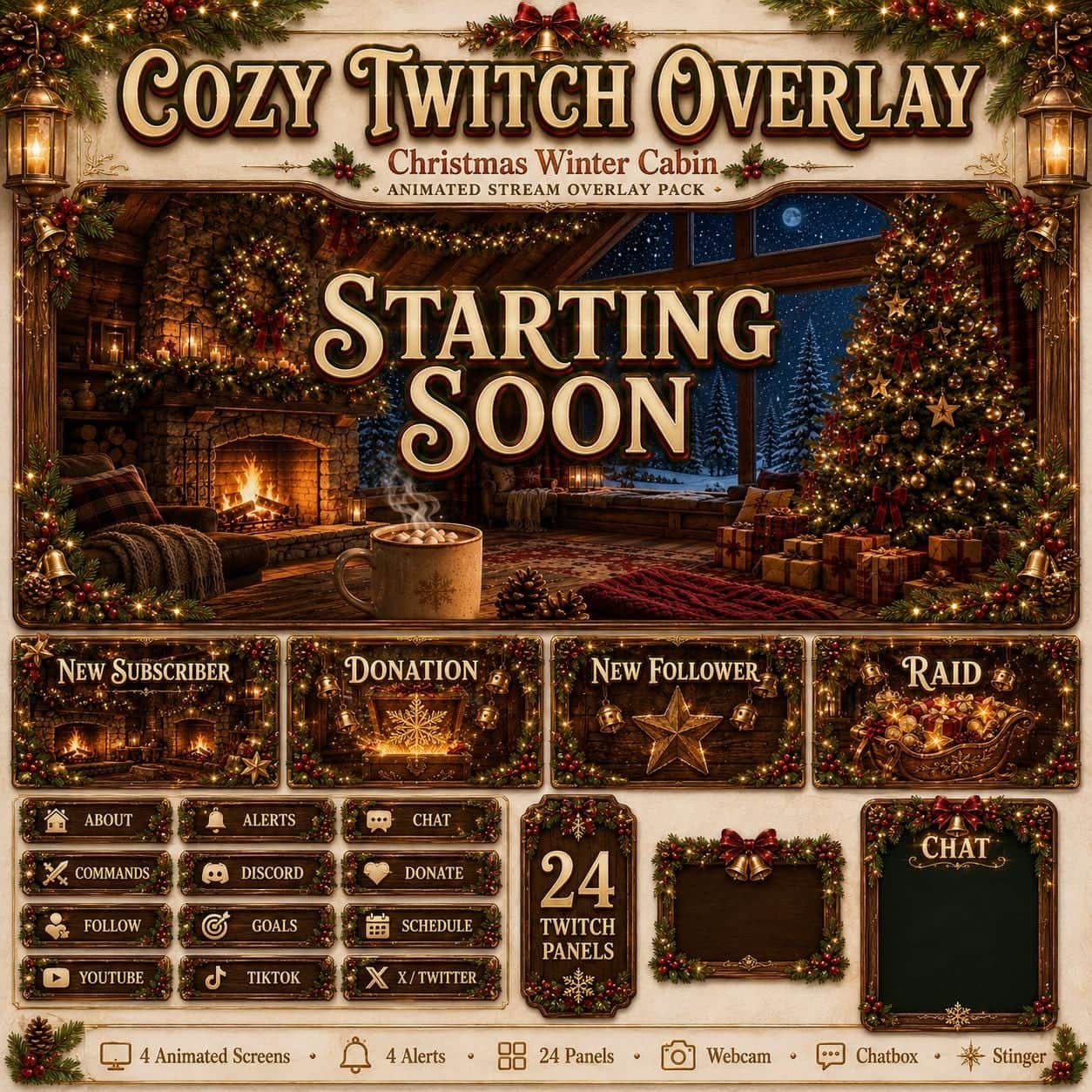 Cozy Christmas Twitch Overlay Pack | Winter Cabin Animated Stream Screens Alerts Panels