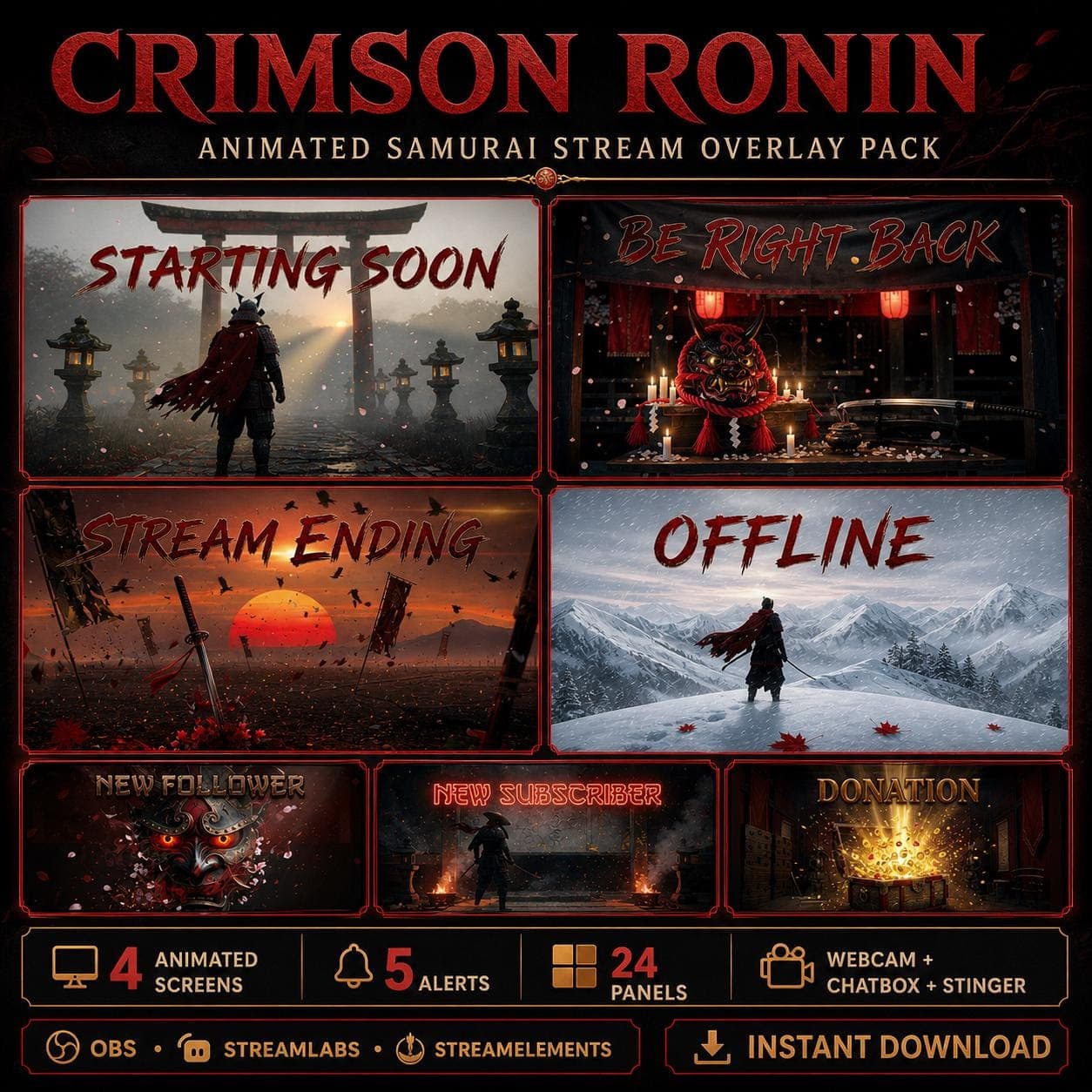 Crimson Ronin Samurai Stream Overlay Pack Animated Dark Cinematic Twitch YouTube Kick Alerts Panels