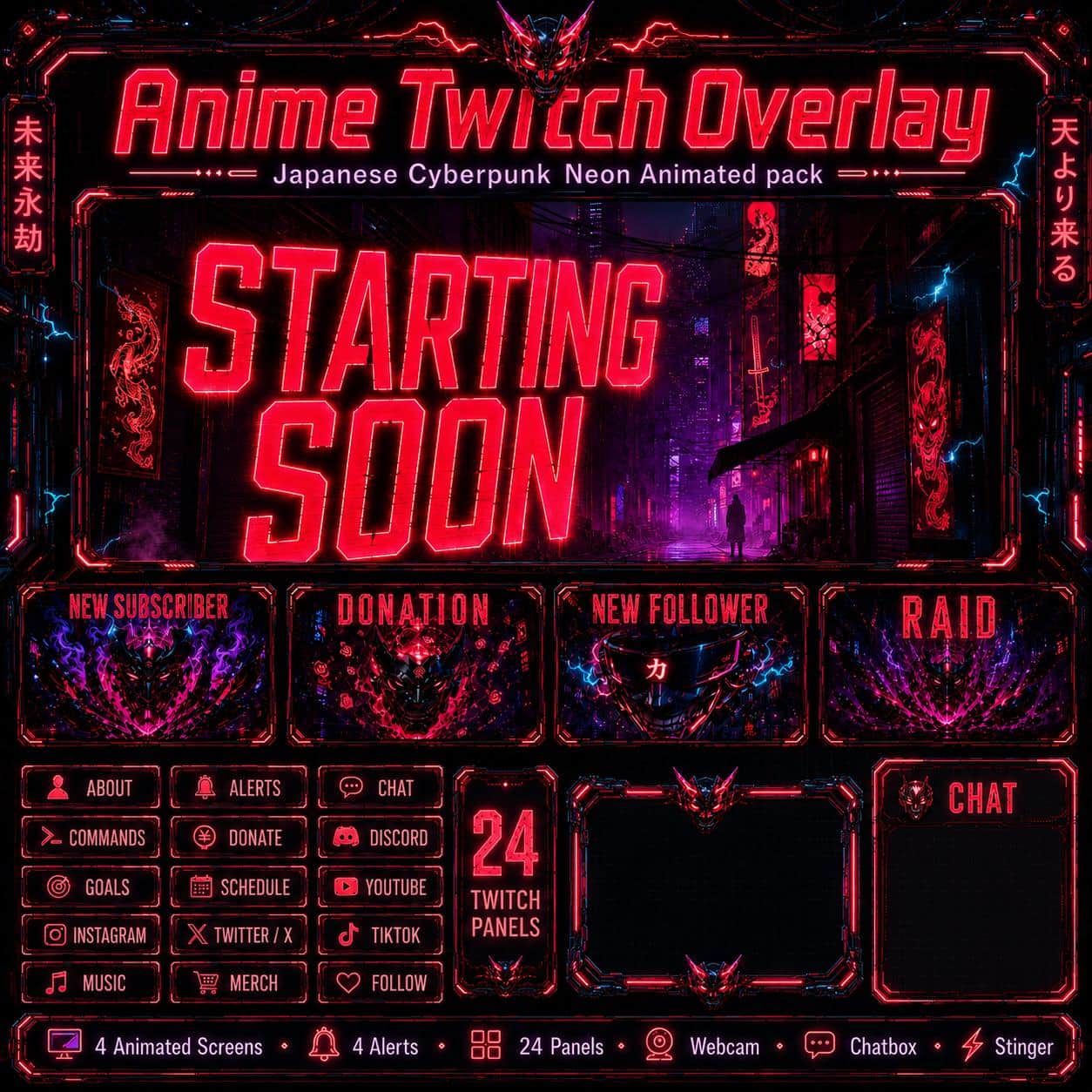 Anime Twitch Overlay Pack | Japanese Cyberpunk Neon Animated Stream Screens Alerts Panels
