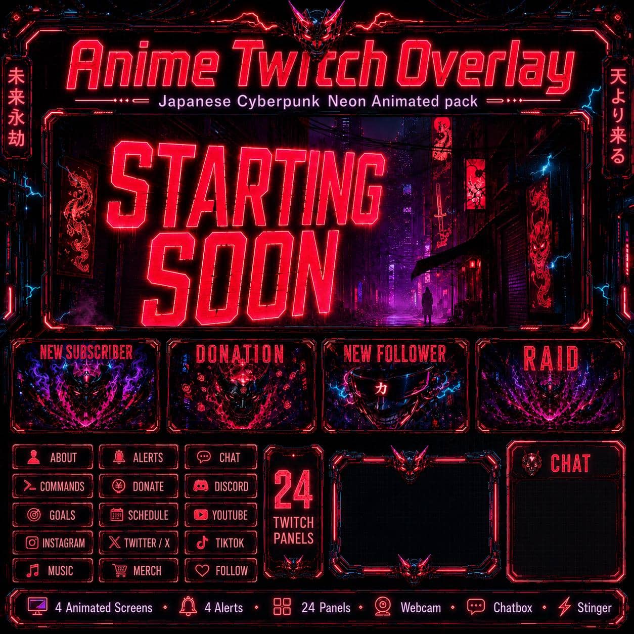 Anime Twitch Overlay Pack | Japanese Cyberpunk Neon Animated Stream Screens Alerts Panels