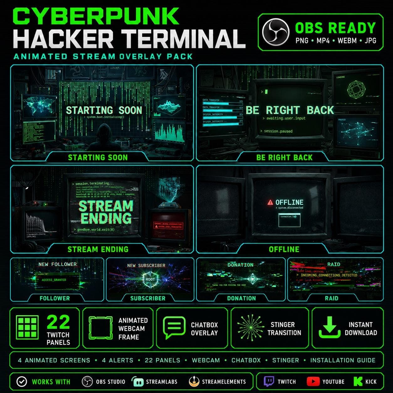 Cyberpunk Hacker Terminal Stream Overlay Pack Animated Neon Twitch YouTube Kick Alerts Panels Webcam
