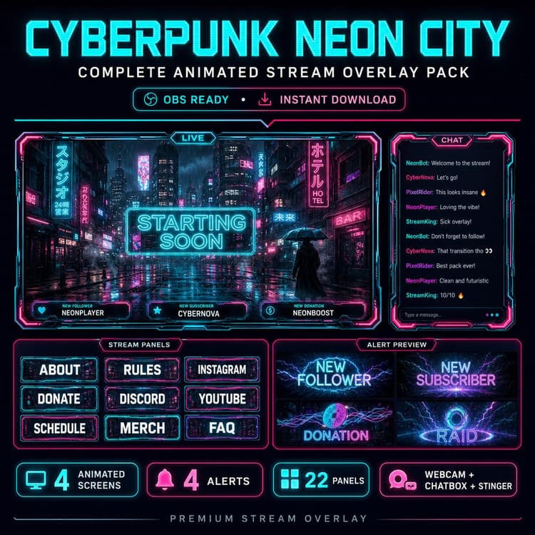 Cyberpunk Overlay Pack | Animated Neon City Futuristic Twitch Stream Screens Alerts Panels