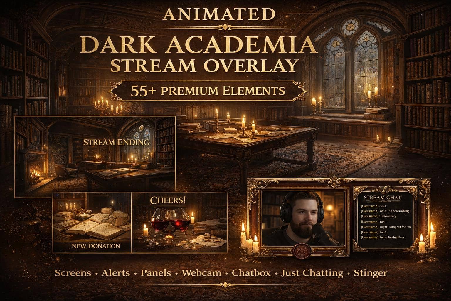 Dark Academia Stream Overlay Pack | Animated Gothic Library Vtuber Twitch Screens Alerts Panels Webcam