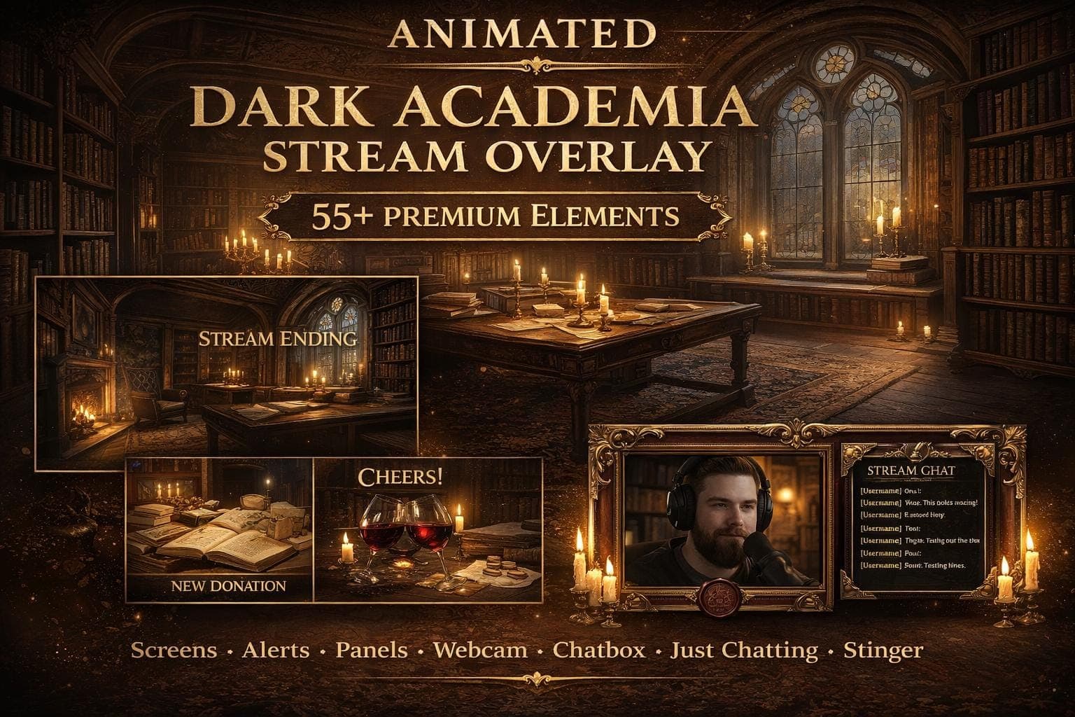 Dark Academia Stream Overlay Pack | Animated Gothic Library Vtuber Twitch Screens Alerts Panels Webcam