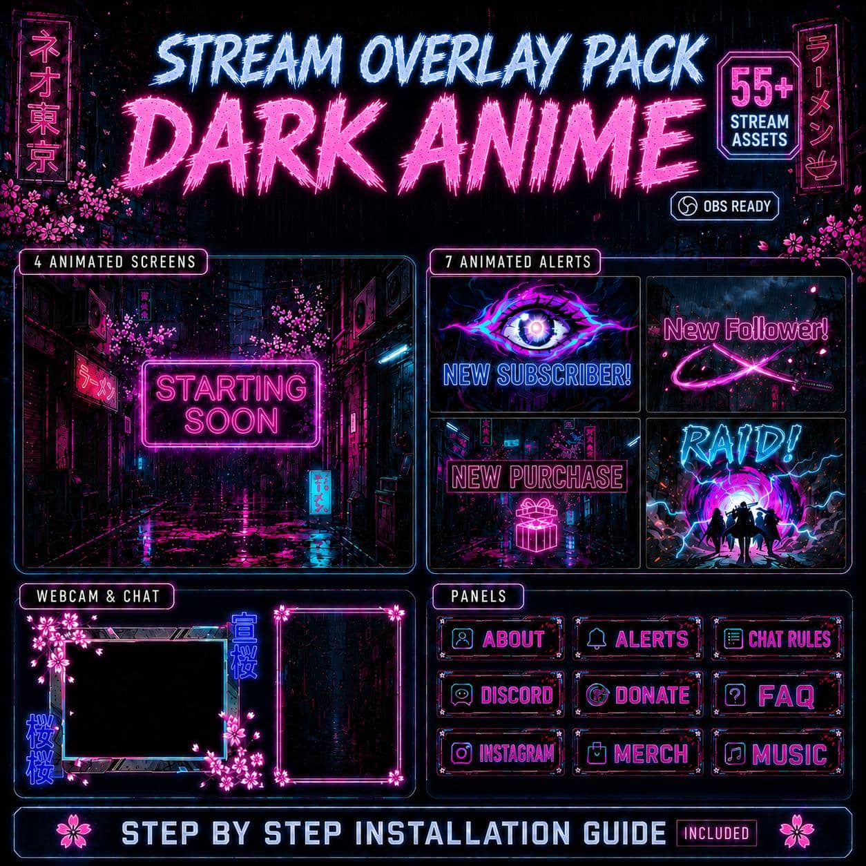 Dark Anime Twitch Overlay Pack | Grunge Cyberpunk Animated Screens, Alerts & Webcam