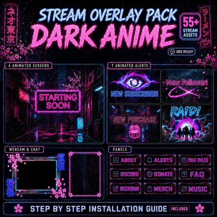 Dark Anime Twitch Overlay Pack | Grunge Cyberpunk Animated Screens, Alerts & Webcam