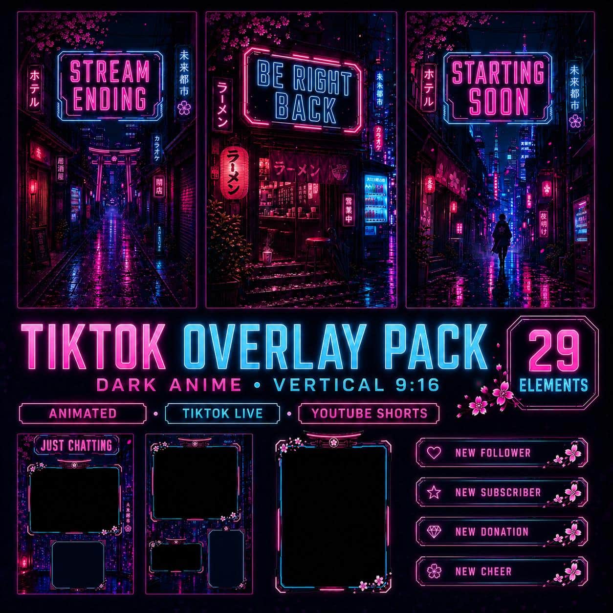 TikTok Overlay Pack | Dark Anime Vertical 9:16 for TikTok Live Studio & YouTube Shorts