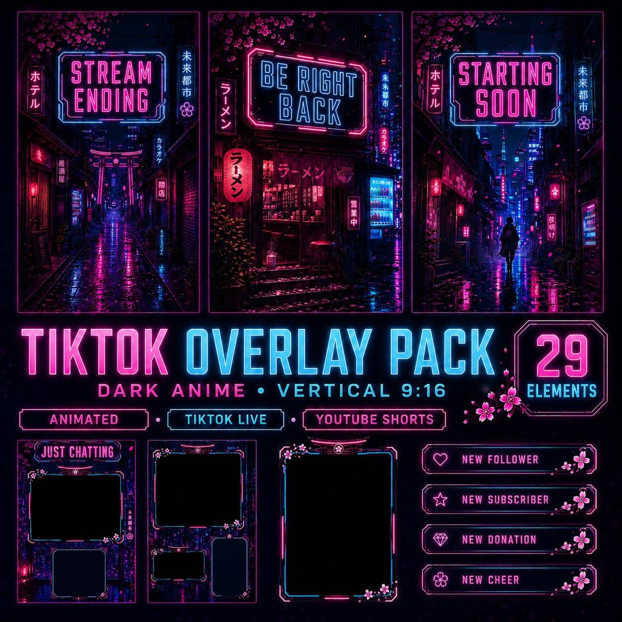 TikTok Overlay Pack | Dark Anime Vertical 9:16 for TikTok Live Studio & YouTube Shorts