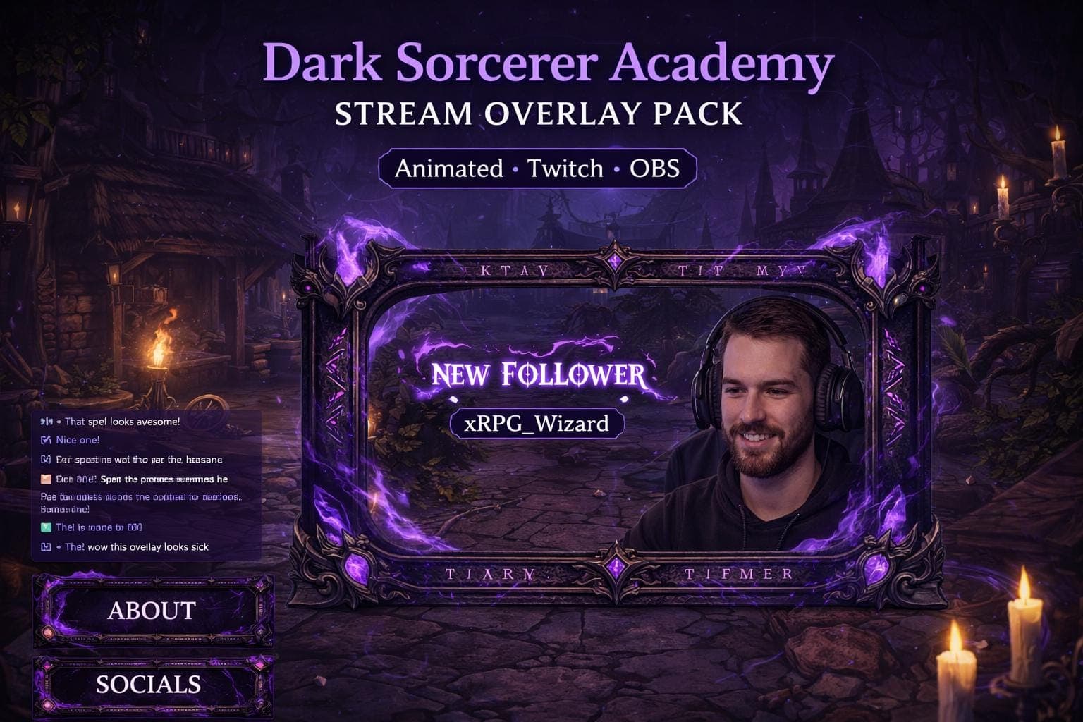 Dark Sorcerer Wizard Stream Overlay Pack | Animated Mage Fantasy Twitch YouTube Kick Screens Alerts