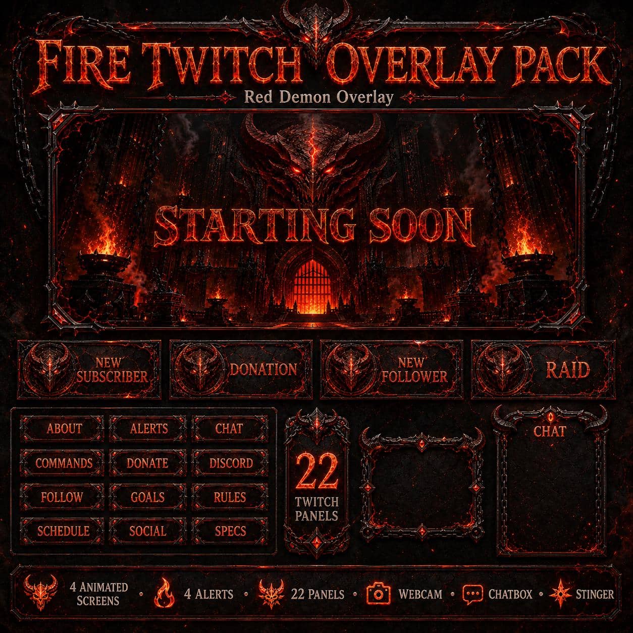 Fire Twitch Overlay Pack | Red Demon Anime Animated Screens, Alerts & Webcam